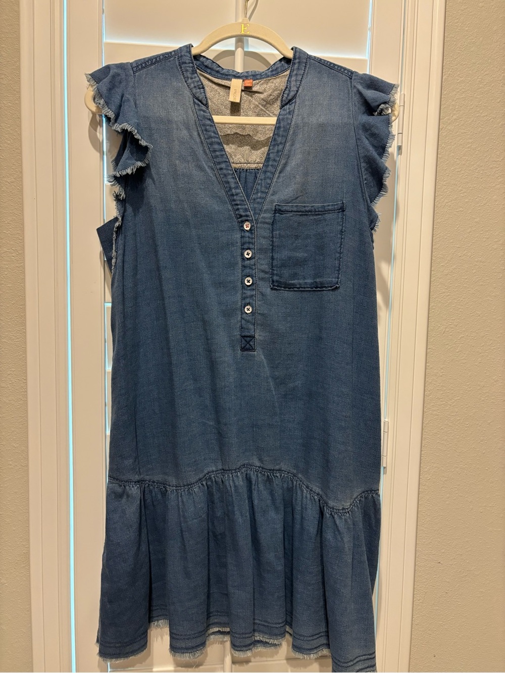 Anthropologie Pilcro Chambray Ruffle-Sleeve Short Dress in Denim Blue